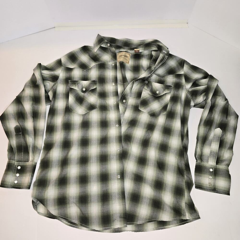 WRANGLER Mens Large Blue Green Plaid Western Flap Pocket Ranch Pearl Snap Shirt